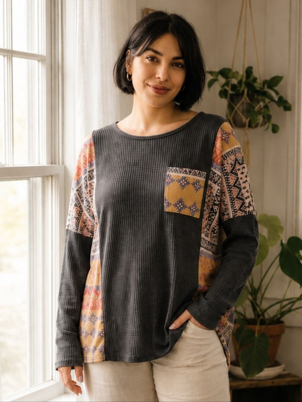 Oversized Waffle Knit Patchwork Top | Charcoal Boho Contrast Long Sleeve